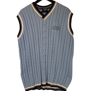 Vintage Y2K FUBU Sports Blue Knit Sweater Vest V-Neck Striped Trim Mens Large